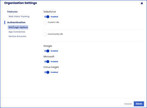 organization settings sso login options