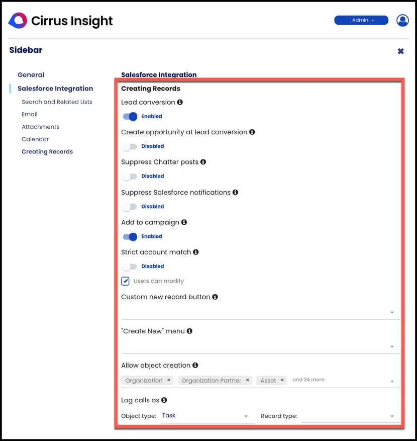 Cirrus Insight. Admin Dashboard Screenshot.
