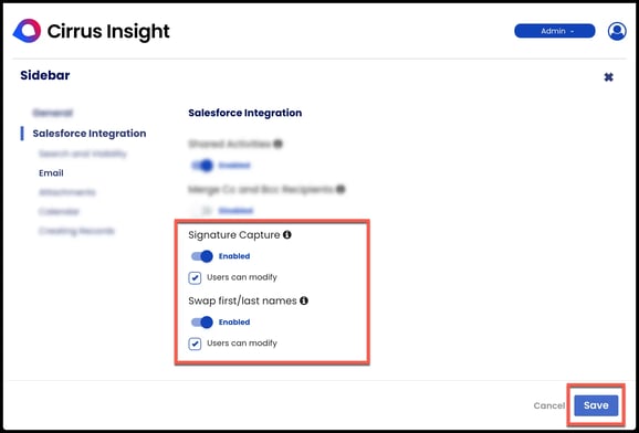 CI21 admin dashboard enable signature capture