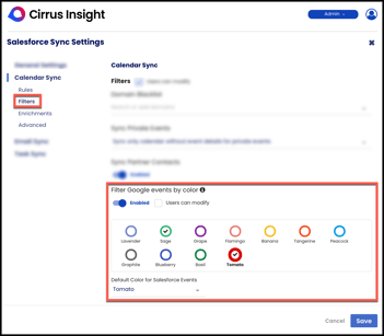 CI21 dashboard filter google events by color - admin