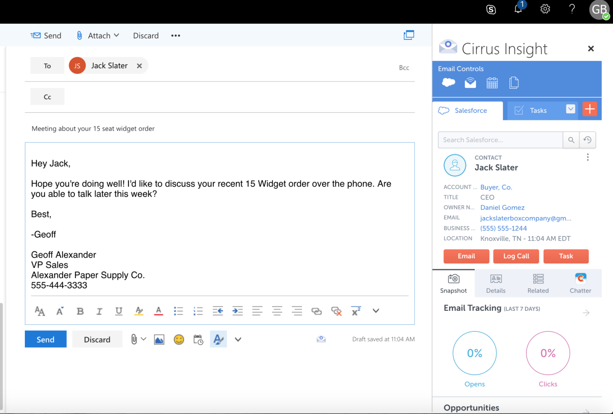 Screenshot of Cirrus Insight for Outlook email provider.