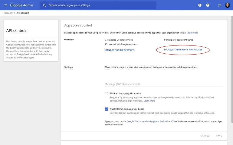 Google Admin console selection for managing third-party cookies and apps