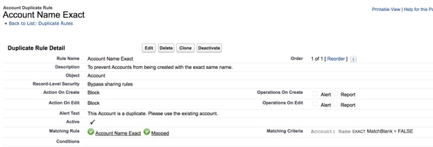 Screenshot of Salesforce duplicate information rule.