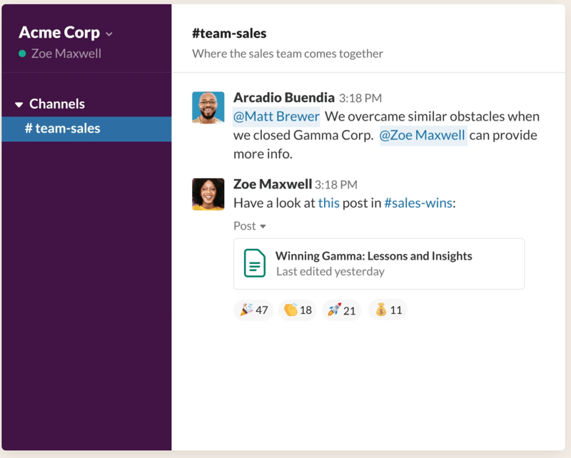 Screenshot of Slack app with a #team-sales channel discussion open.