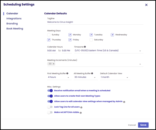 admin scheduling calendar settings
