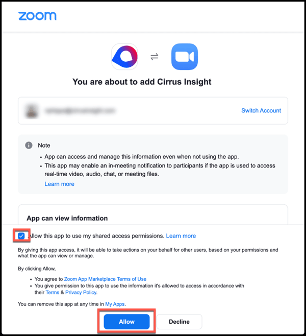 Screenshot of Zoom integration with Cirrus Insight