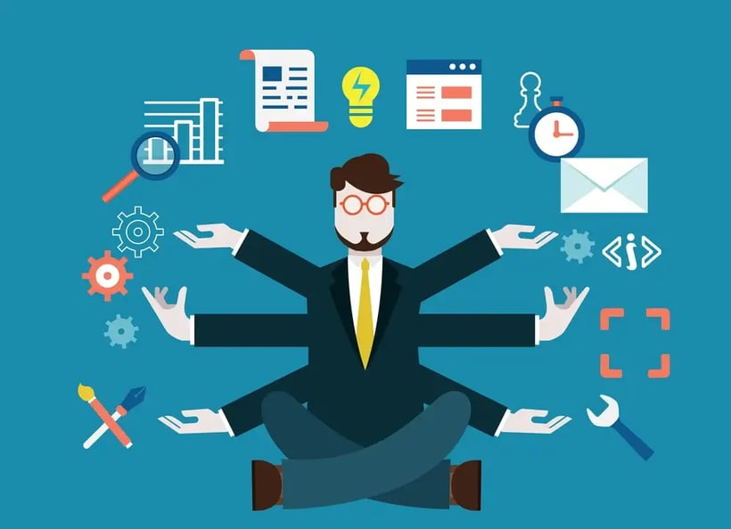 Man juggling different productivity tools.