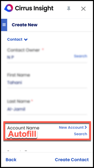 sidebar account autofill create contact CI21