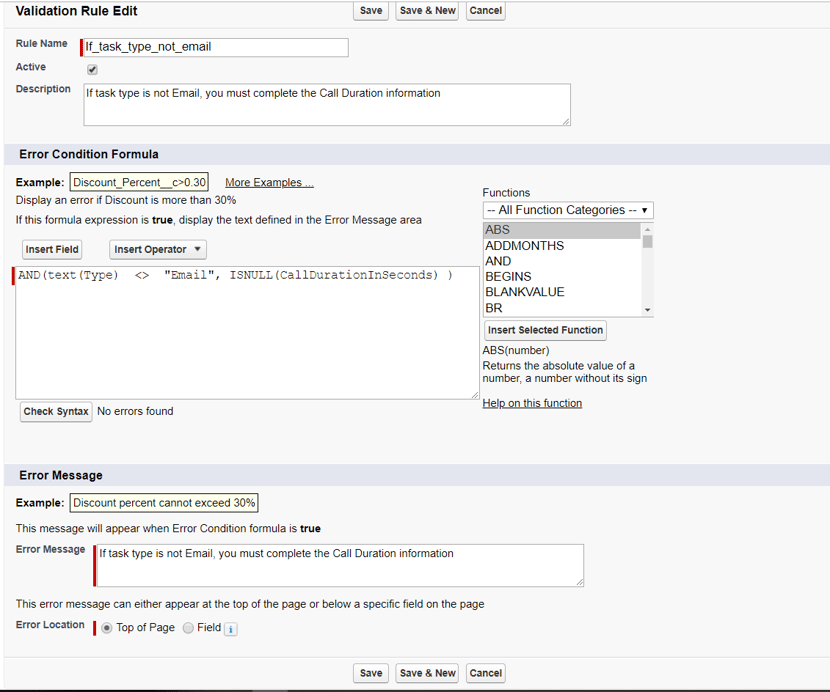 Screenshot of validation formula.