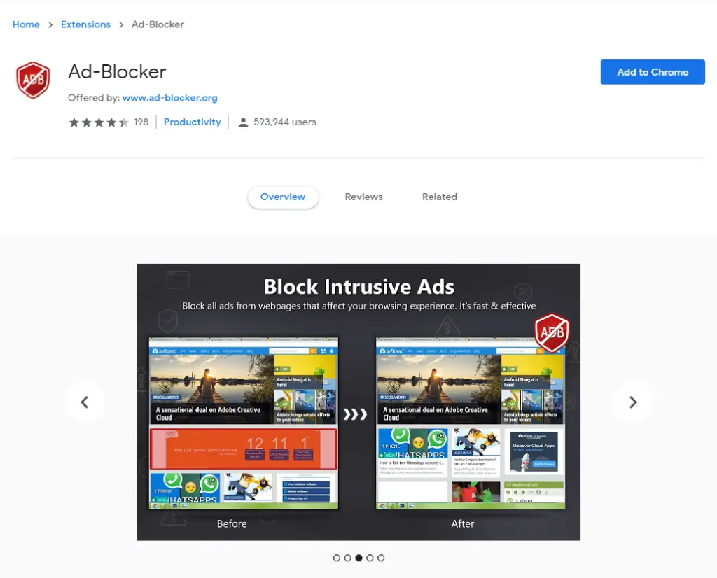 Screenshot of Ad-Blocker app in Chrome store.